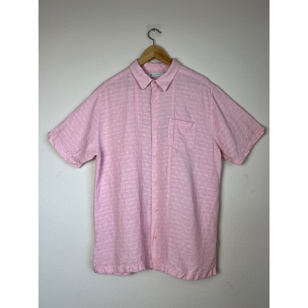 Cubavera Pink Linen Blend Camp Shirt‎ Mens L Dobby Guayabera Resort Cuban Beach